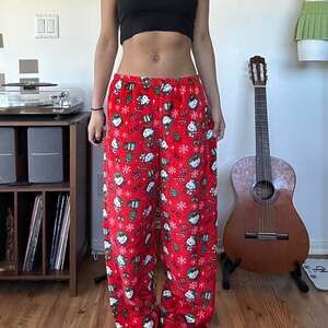 Hello Kitty Christmas Pajama Pants, Red Fluffy Fleece Holiday PJs - Size S/M